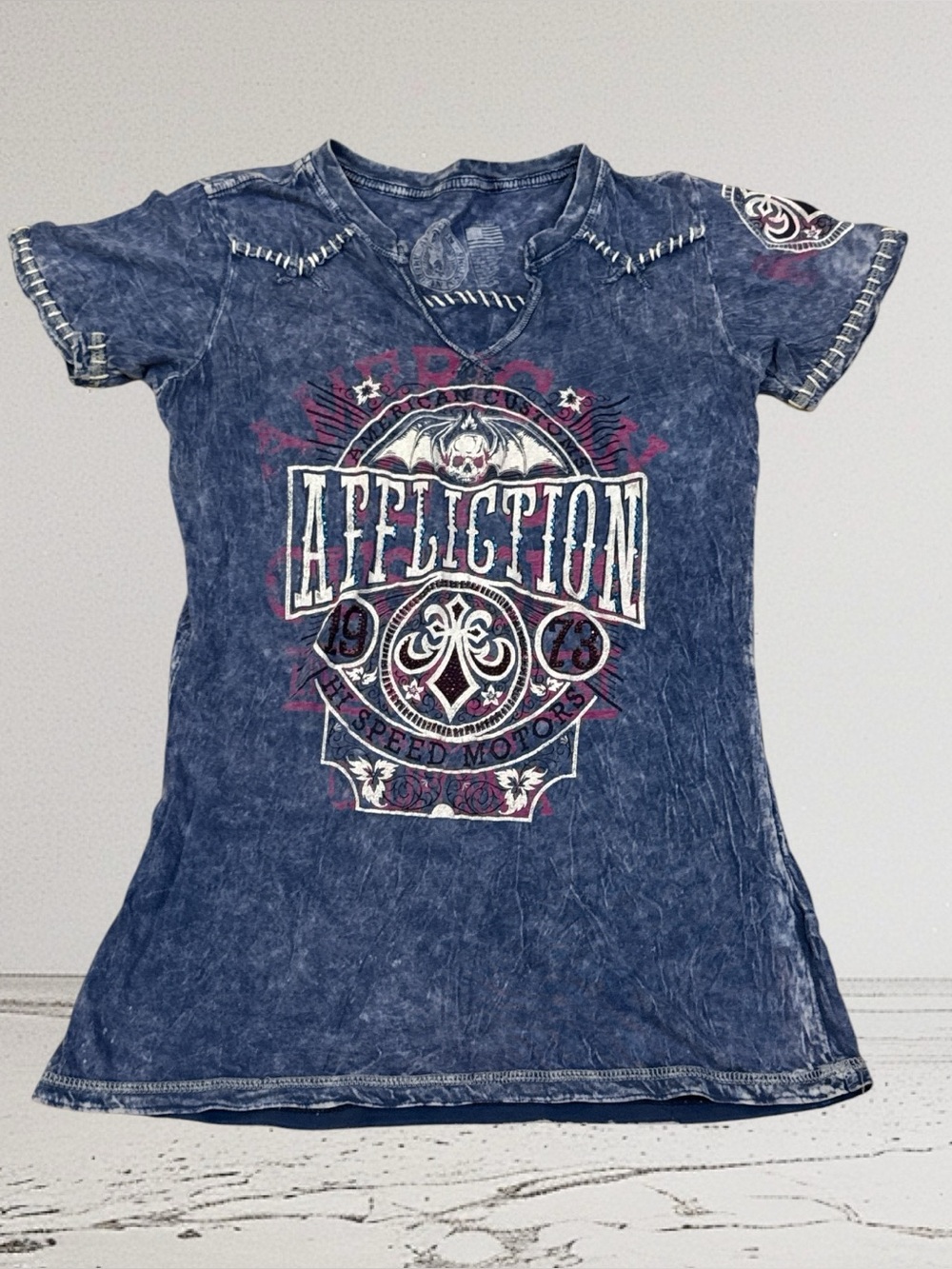 Blue acid-wash Affliction American Customs t-shirt with a split v-neck Wmns Sz S